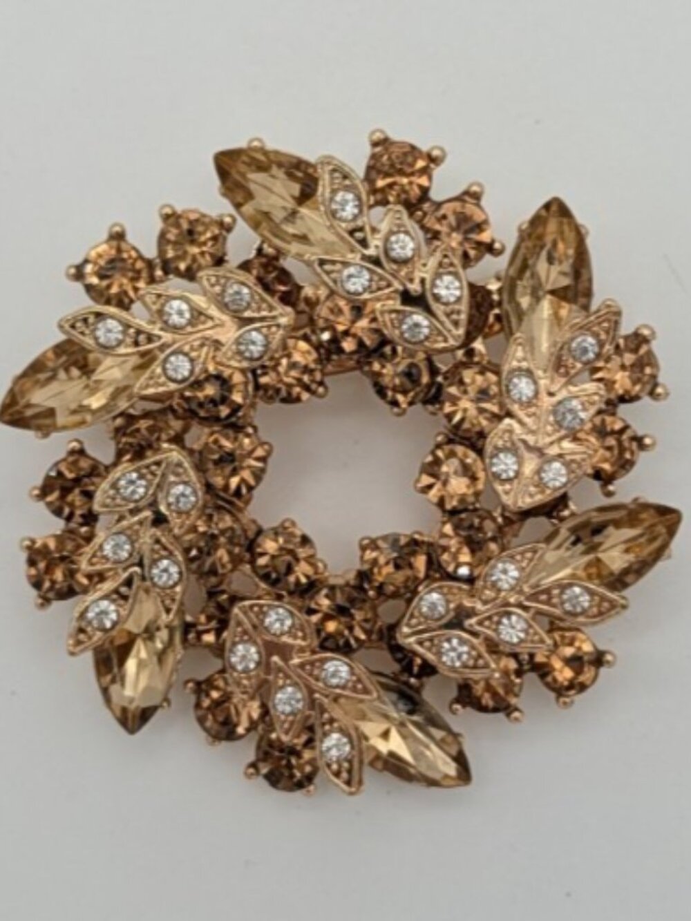 Champagne Color Oval  Rhinestone Brooch Floral Pattern